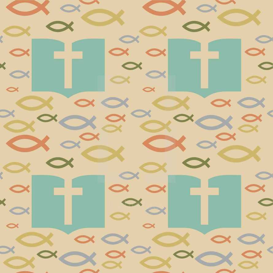Jesus fish and Bible with cross pattern background 