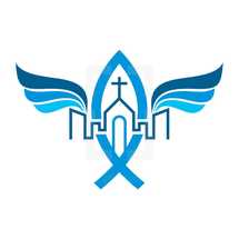 city, buildings, wings, church, Bible, blue, logo, icon, ichthus, Jesus fish 