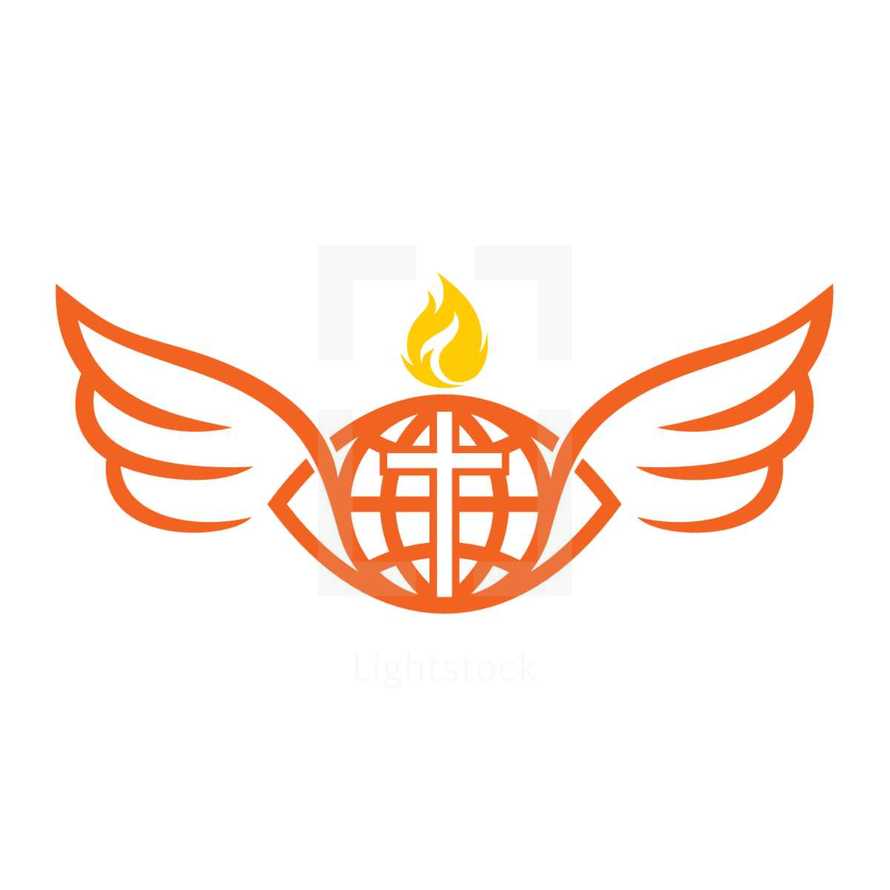 tongue of fire, flame, globe, missions, wings, Bible, logo, orange, icon