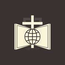 missions, brown, globe, Bible, cross, icon