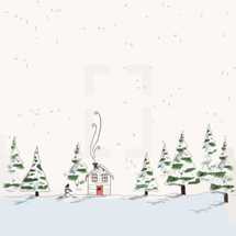 a snowman and smoke from a chimney in the snow 