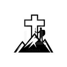 a man hiking a mountain and cross logo 