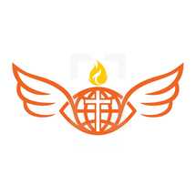 tongue of fire, flame, globe, missions, wings, Bible, logo, orange, icon