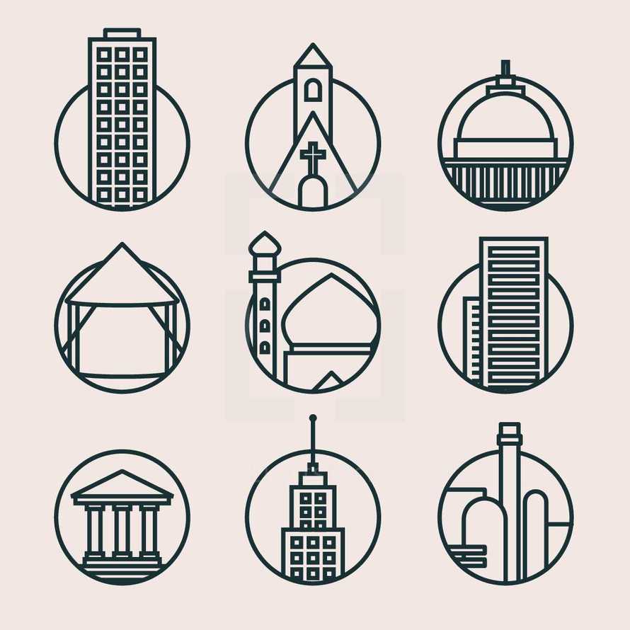 Mono weight icons of different churches and buildings. 