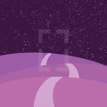 road over purple hills under stars 