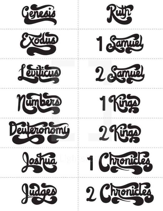 Genesis, Judges, 1 Chronicles, 2 Chronicles, Joshua, 2 Kings, 1 Kings, 2 Samuel, 1 Samuel, Deuteronomy, Numbers, Leviticus, Exodus, Ruth, hand drawn lettering, Bible books, books of the Bible, Biblical stories, text