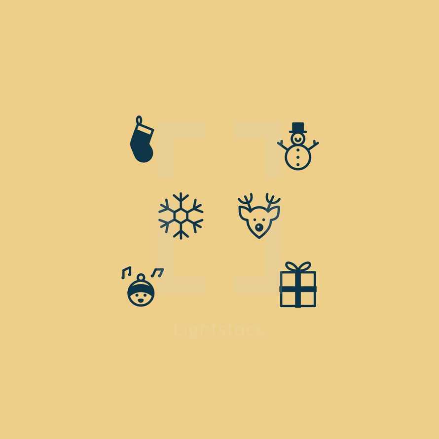 Christmas, caroling, gift, present, reindeer, deer, snowman, stocking, snowflake, icons