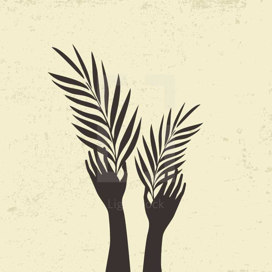raised hands and palm fronds 