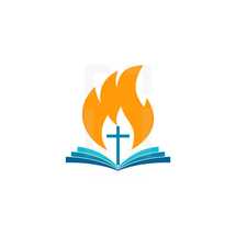 flame, cross, and Bible 