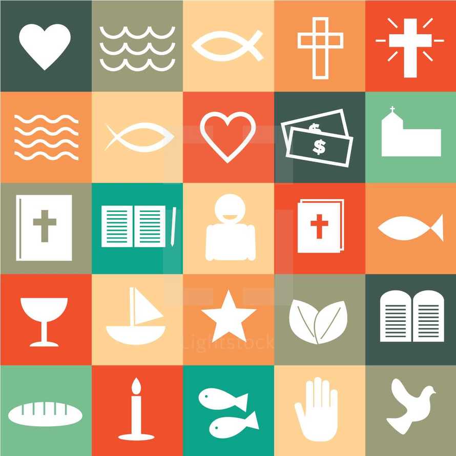 Christian, Christianity, symbols, icons, fish, candle, candle stick, bread, hand, dove, chalice, communion, boat, star, leaves, 10 commandments, ten commandments, journal, pencil, person, Bible, Jesus fish, heart, cross, waves, water, donation, cash, money, church