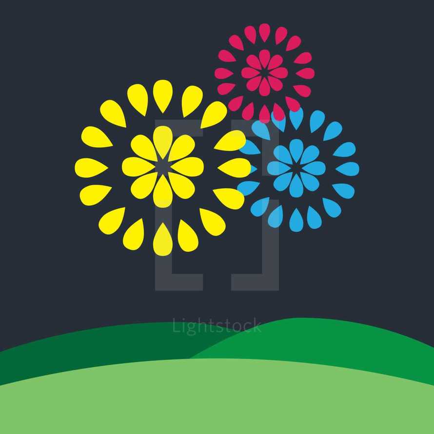 Hills and Fireworks at night graphic for events