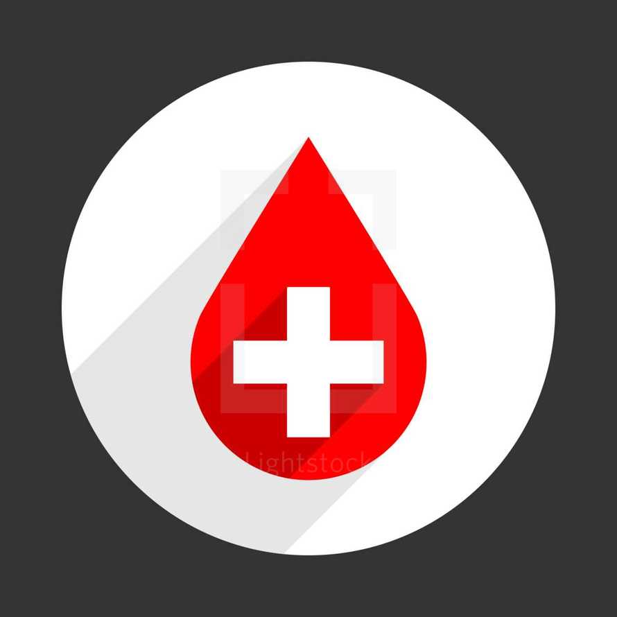 Blood droplet symbol a red drop sign with a white criss cross is on a white circle on a gray background. The icon is created in a flat style with long shadows. The design graphic element is saved as a vector illustration in the EPS file format for used in your design projects.