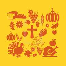Happy Thanksgiving, icons, icon set, words, turkey, pumpkin, cross, harvest, give thanks, fall, autumn, leaf, acorn, grapes, bread, wheat, grains, apple, flower, mums, praying hands, Thanksgiving 