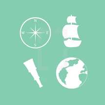 explorer icons, telescoping lends, planet, earth, compass, direction, ship, boat