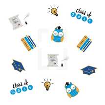 class of 2015, lightbulb, owl, graduate, graduation, cap, knowledge, diplomas, feather pen, books, education, icon