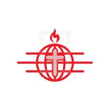 tongue of fire, red, globe, missions, cross, logo