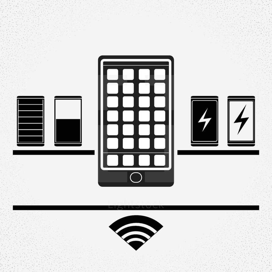 A vector asset collection in silhouette form of various smart phone related objects.
