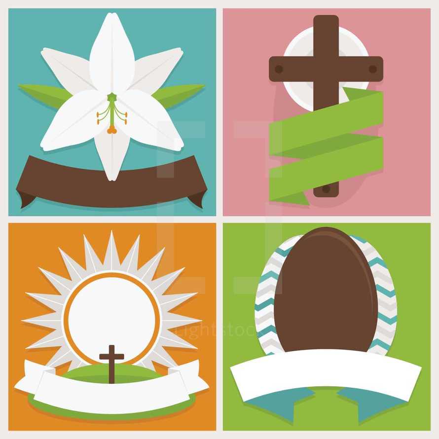 Flat, icon, Easter, badges, set, lily, cross, sun, sunrise, egg, eggs, banner, banners, flower, icons, simple, badge, resurrection, Sunday, Easter lily.