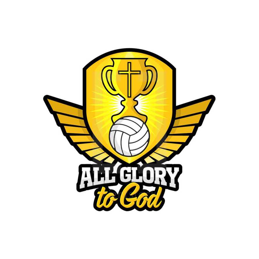 all glory to god, volleyball and trophy shield with wings 