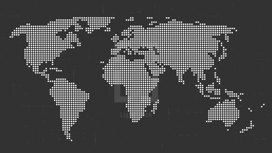 black and white world map in dots