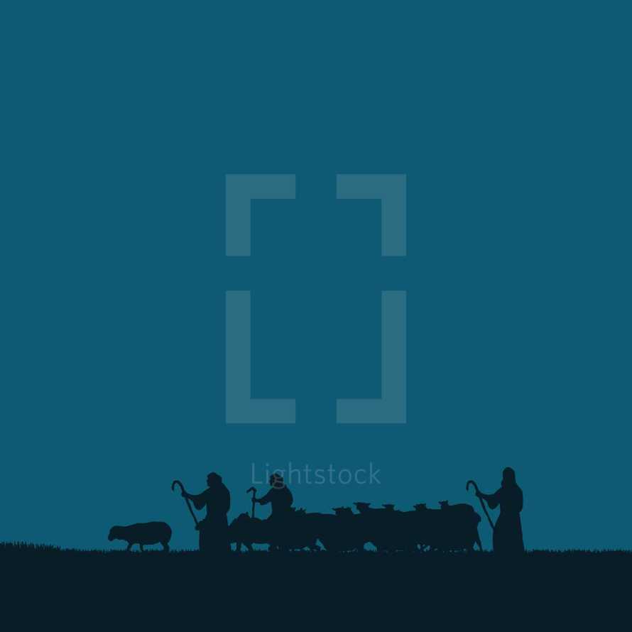 silhouette of shepherds with their flock.