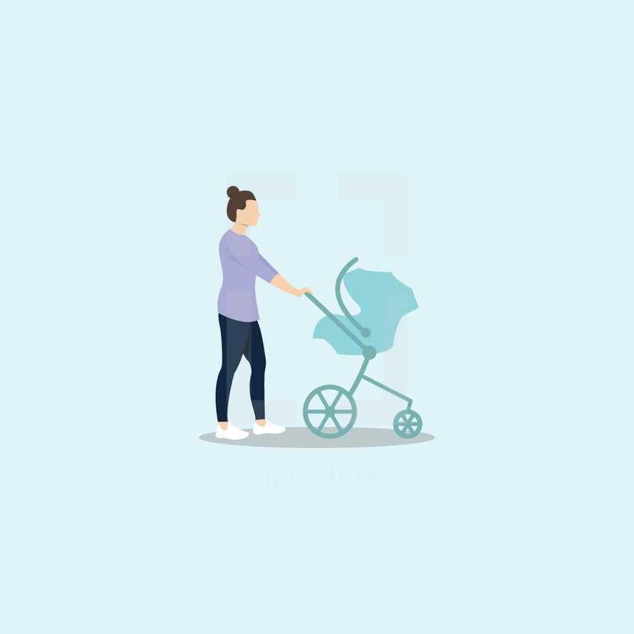 a mother pushing a baby carriage 