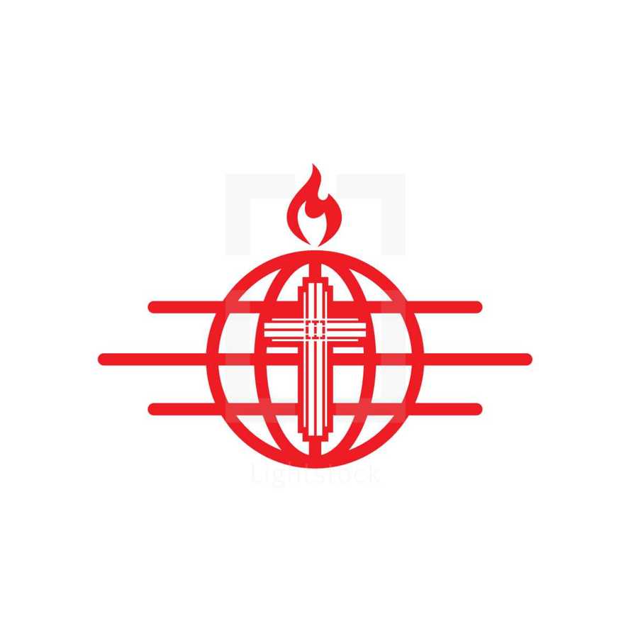 tongue of fire, red, globe, missions, cross, logo