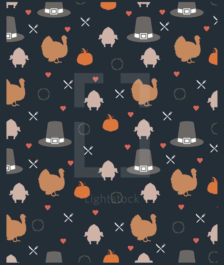 Thanksgiving seamless pattern background silhouettes of pumpkins, turkey, spoon, fork, hearts, wreaths, and pilgrim hats
