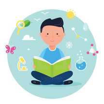 boy reading and science icons 
