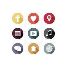 cross, heart, thought bubble, badge, icon, clock, house, play, music note, play button, calendar, pin point 