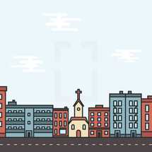 illustration of a church in a city.