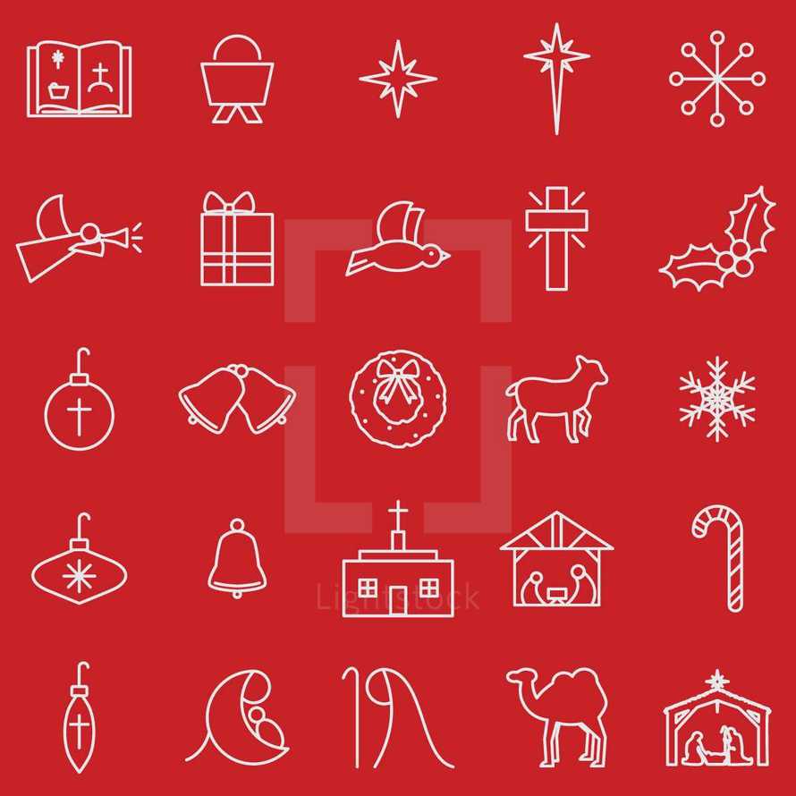 Christmas simple line icon set including Bible, manger, star, snow flake, angel, present, dove, cross, holly, bulb, ornament, bell, bells, wreath, lamb, church, nativity, candy cane, Mary, Joseph, Jesus, camel, worship.