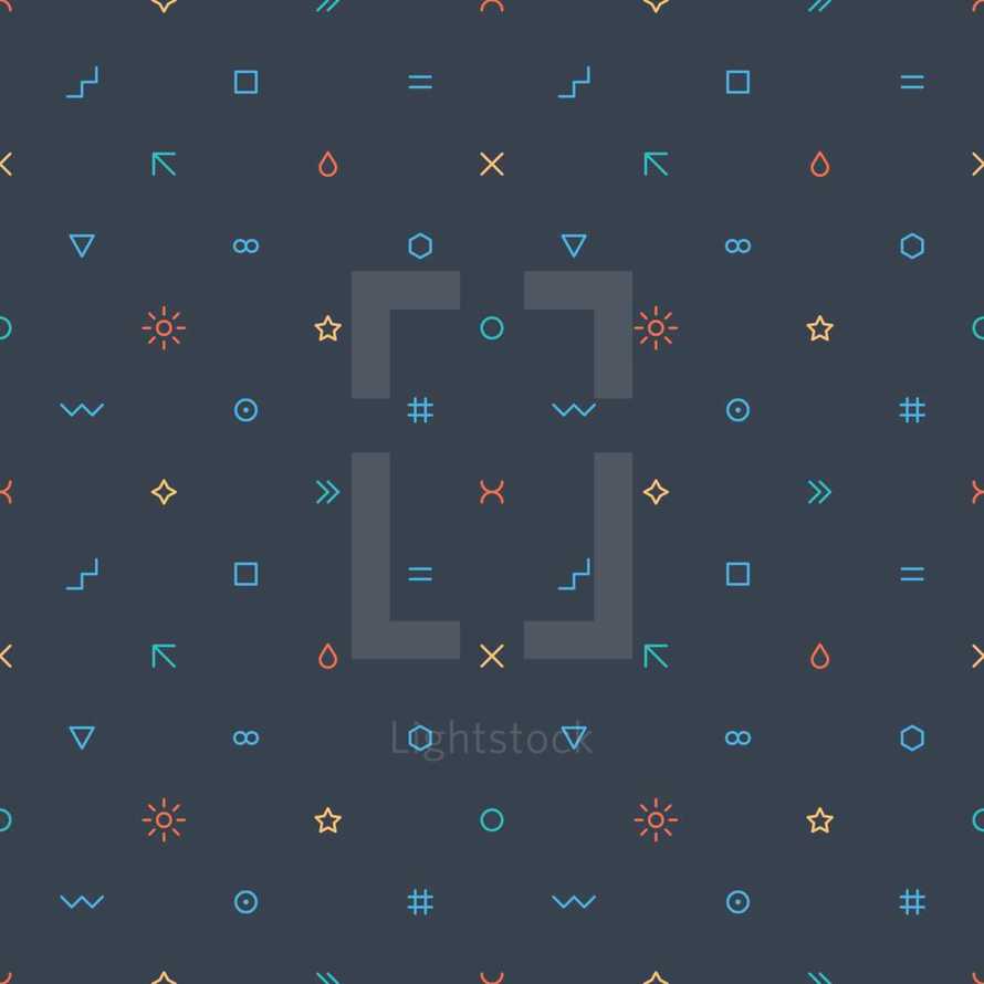 Abstract seamless pattern created of signs such as wave, square, equal sign, arrow, drop, cross, triangular, infinity, hexagon, circle, sun, star, round, ring, moon, number or hashtag. Seamless pattern designed in trendy flat thin style. The graphic element saved as a vector illustration in the EPS file format for used in your design projects. 