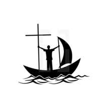 a man sailing on a boat with a cross