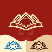 mountain peaks, Bible, pages, cross, logo 