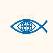 Jesus fish, icon, fish, eyeball, eye, blue, missions, Jesus, globe, cross, logo