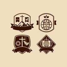 badges, cross, crown of thorns, dove, banner, globe, Bible, wheat, Jesus fish, missions, crown, mountain peak, shield 