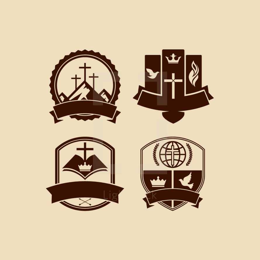 crown, badge, shield, cross, mountain, peak, banner, globe, missions, wheat, crown, crown of thorns, flame, dove, Bible