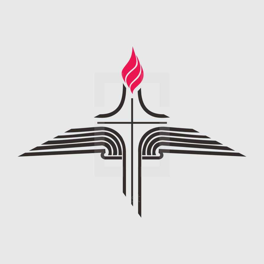 flame, cross, and open Bible 