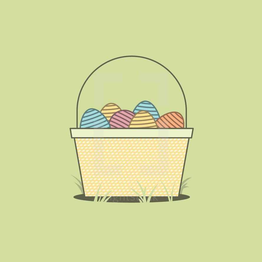 Easter basket full of colorful Easter eggs on a yellow background.