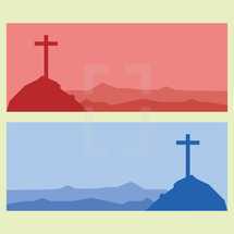 Red and Blue Illustrations of Cross on the Hill