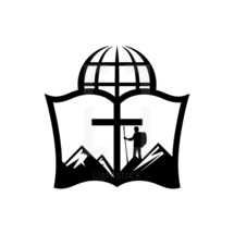 globe, cross, and backpacking man logo