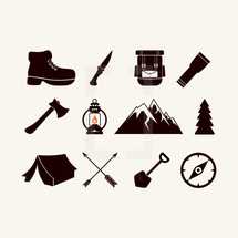 boot, camping, camp, arrows, lantern, tent, shovel, compass rose, mountain, tree, flashlight, knife, ax, backpack, pocket knife 