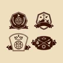 badges, cross, crown of thorns, dove, banner, globe, Bible, wheat, Jesus fish, missions, crown, mountain peak, shield, arrows, flame, icon