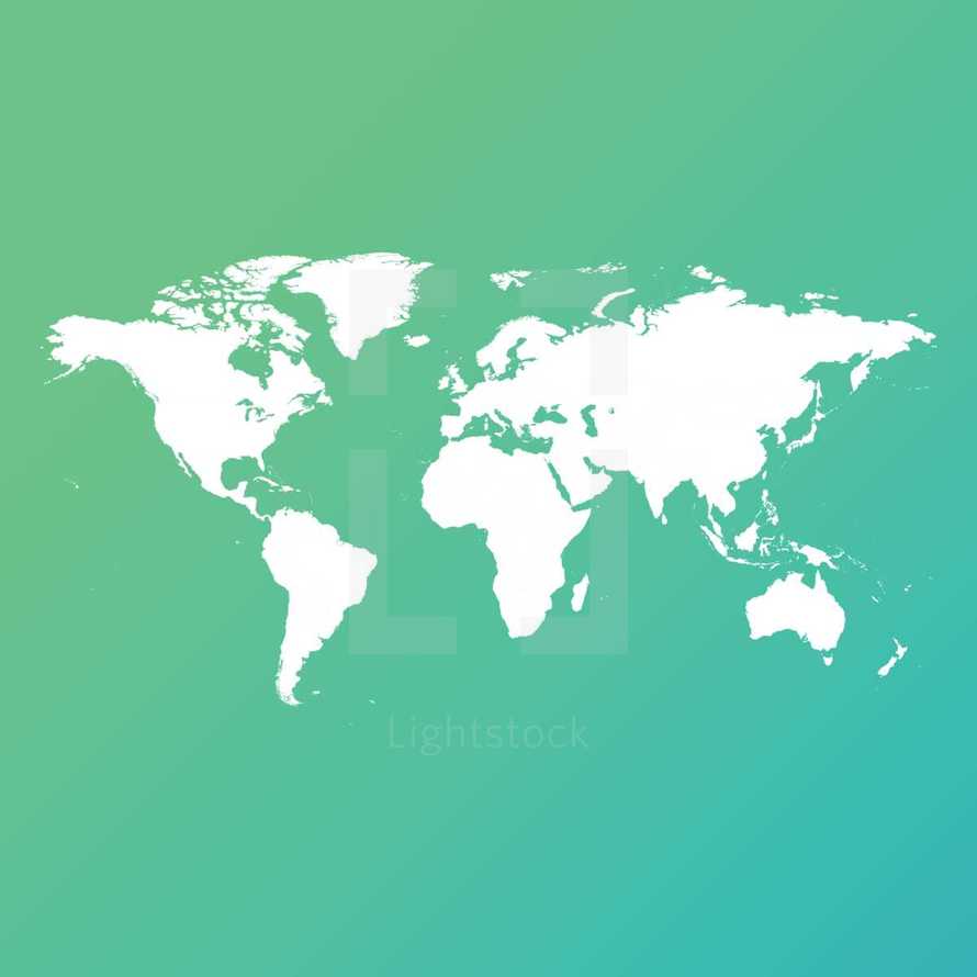 white world map in blue and green background gradient