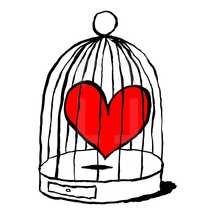 Red heart is sad in cage for birds. Funny and amusing greeting card for feast of Saint Valentine Day. Sketch drawing was drawn with the brush and ink. Graphic element is saved as a vector illustration