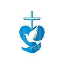 blue cross, heart, dove, and hand 