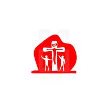 Church logo. Christian symbols. People at the cross of Jesus.