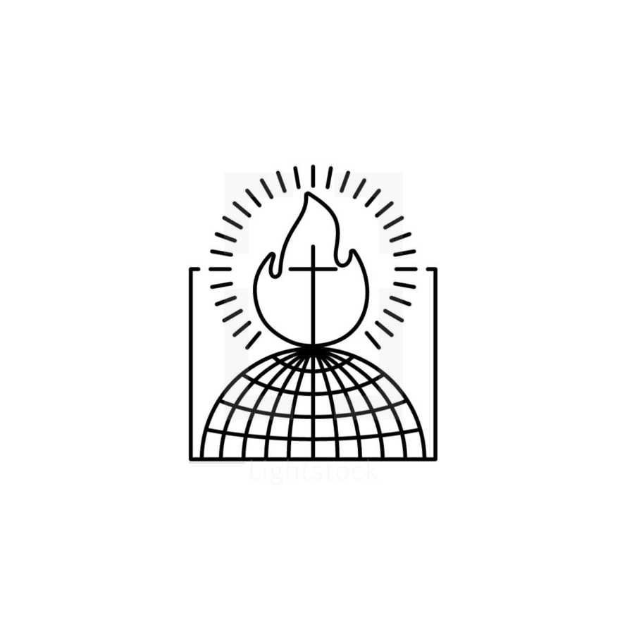 Church logo. Christian symbols. The cross of Jesus against the background of the flame of the Holy Spirit and the globe.