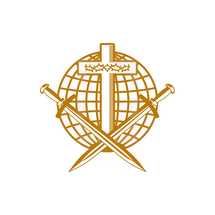 Church logo. Christian symbols. Cross of Jesus Christ, globe, crown of thorns and swords.